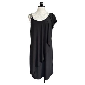 Black Cocktail Dress One Shoulder Silver Chain Strap One Flutter Fits Large